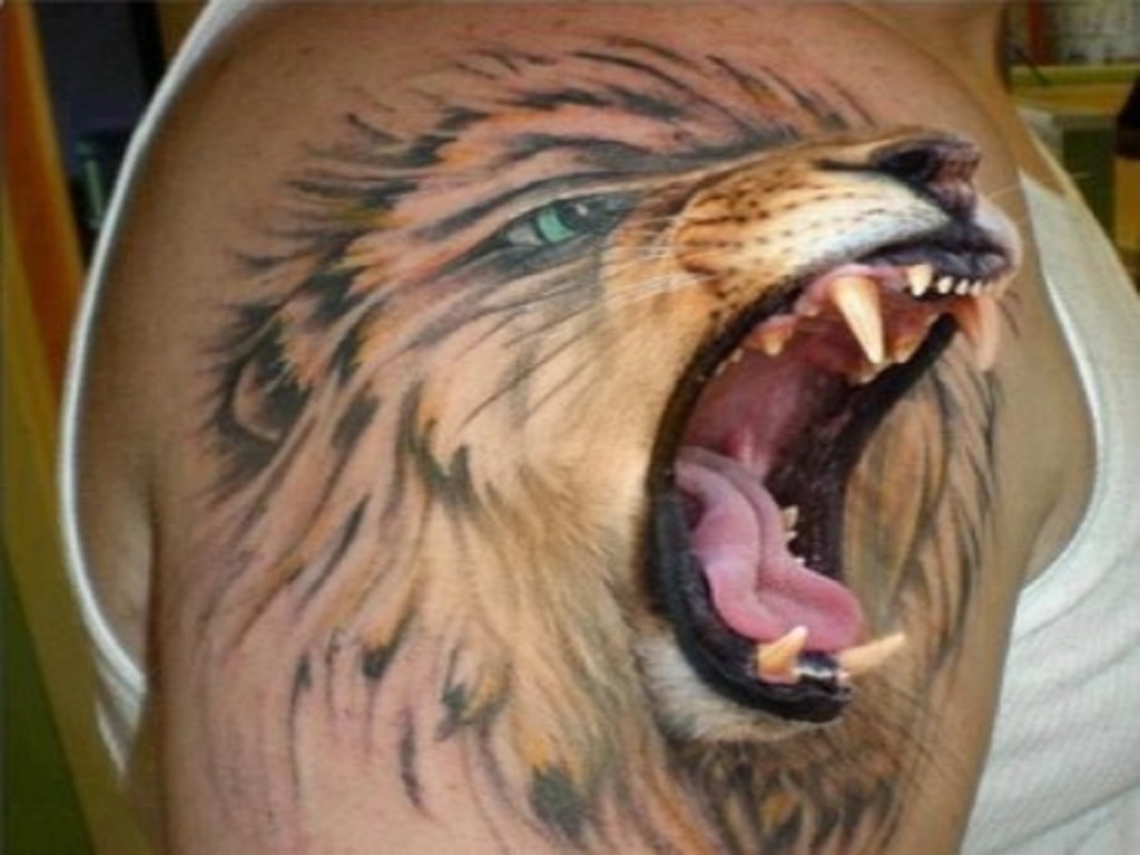 3d roaring lion head tattoo on right shoulder free hd 4k background wallpaperss