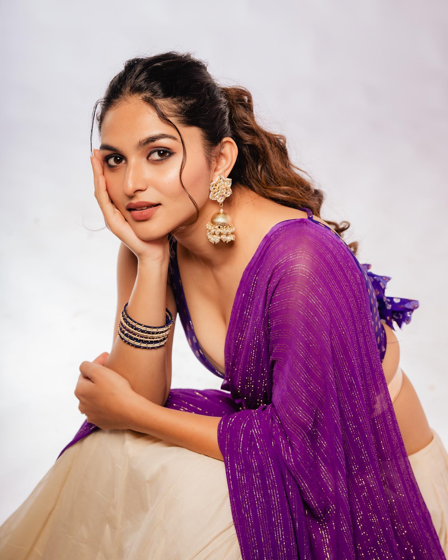 Kayadu Lohar Hot Actress Half Purple Saree Gorgeous Wallpapers