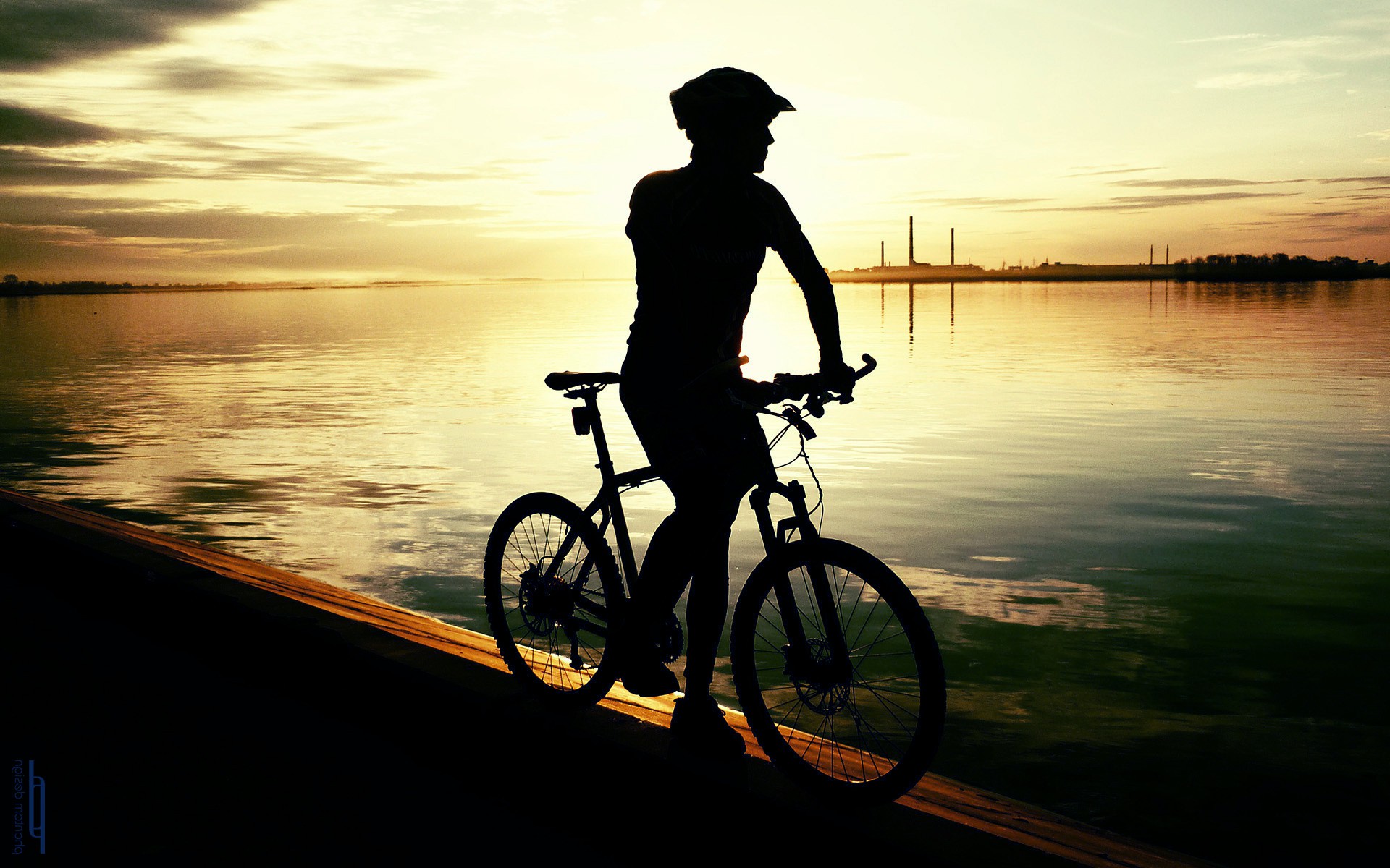 Bike River Sunset Silhouette Wide Mobile Desktop Free Hd Wallpaper