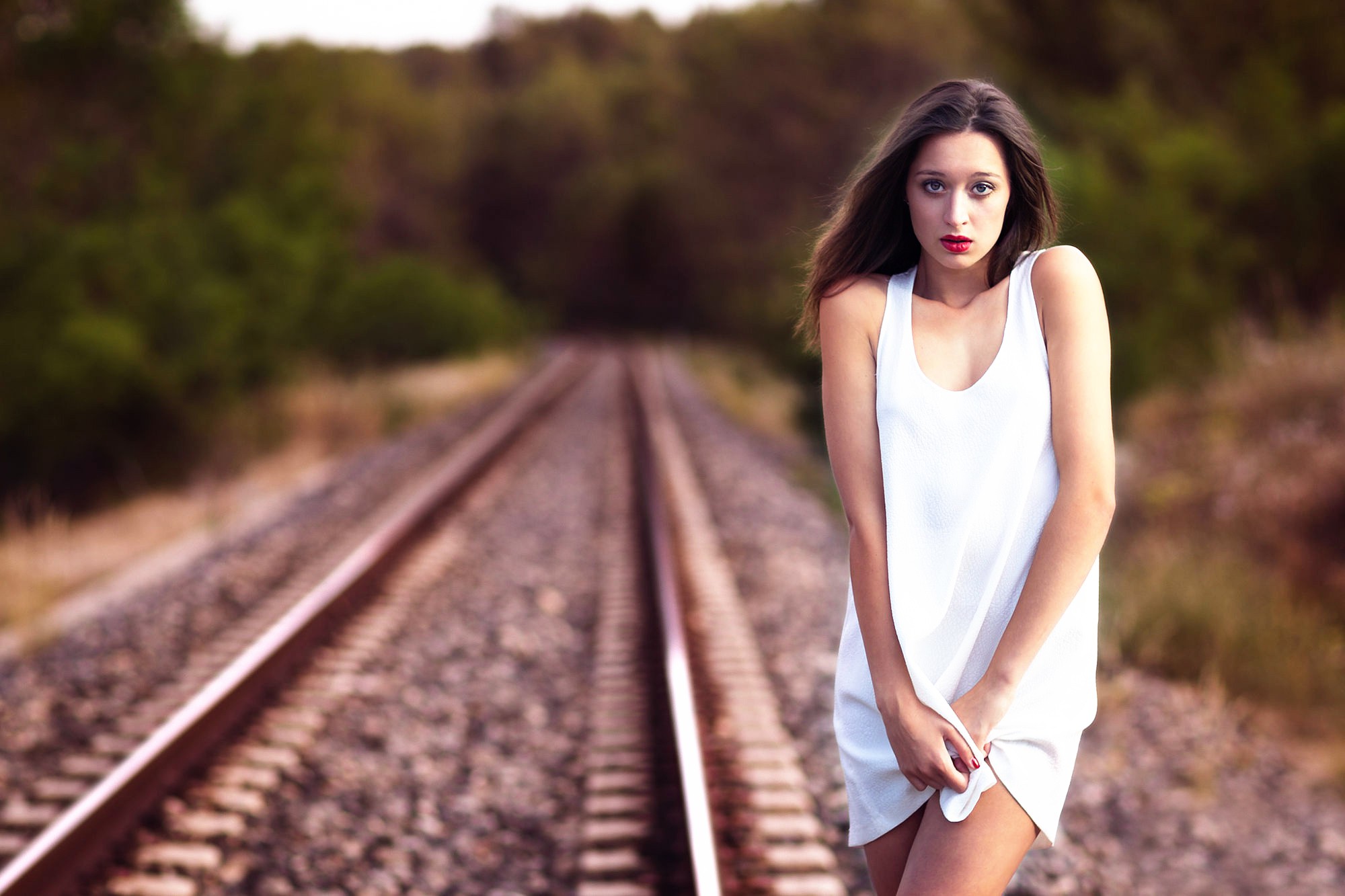 Model Girl At Rail Road Download Hd Picture