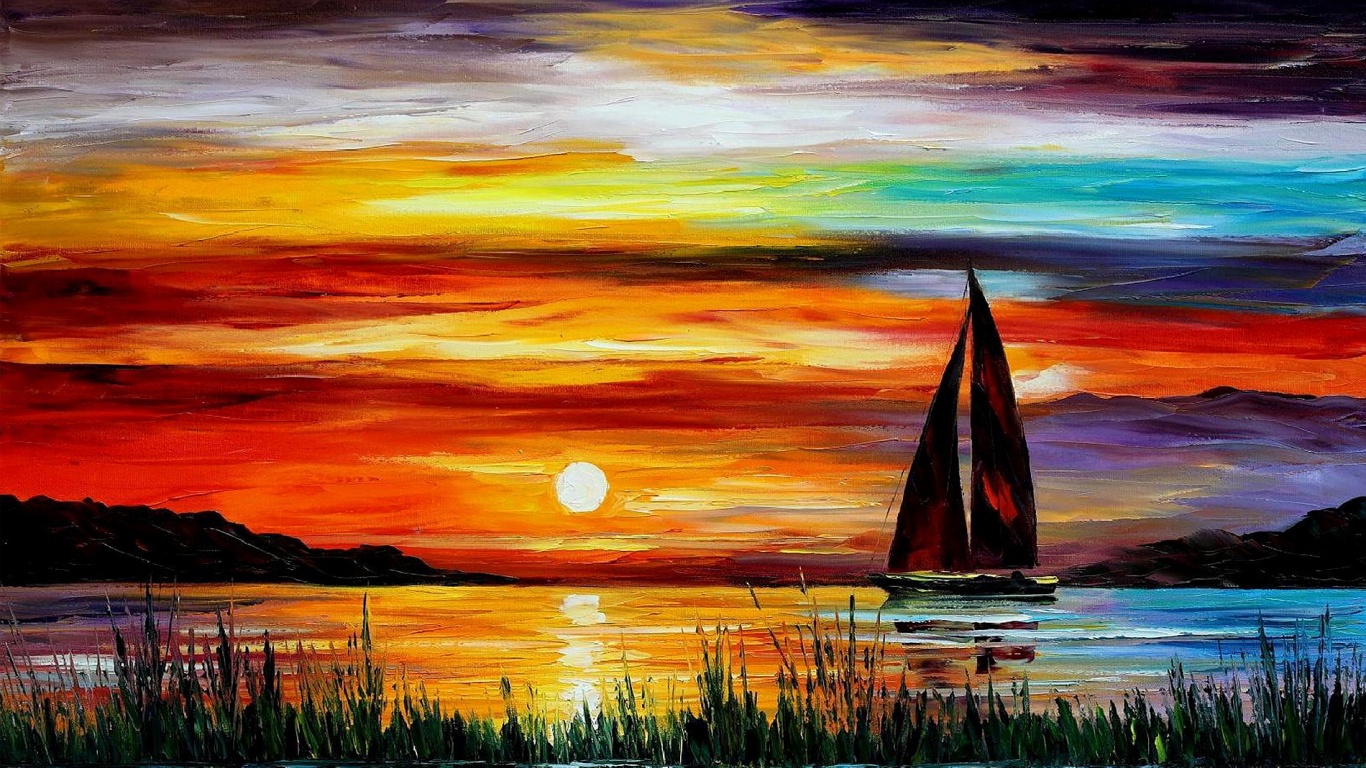 sunset boat painting artwork wallpaper hd images